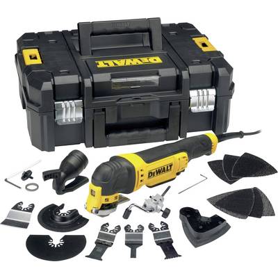 'DeWalt' multi-tool with accessories, including various blades and sanding attachments, in front of a black tool case.