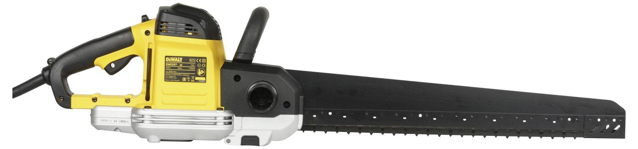 Yellow electric chainsaw with a black saw blade, handle, and safety guards, viewed from the side profile.