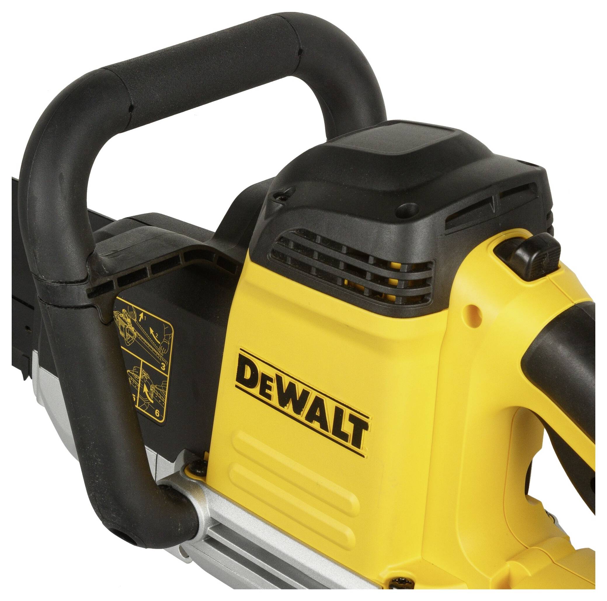 A yellow, electric hand circular saw with a black, ergonomic handle and ventilation slots.