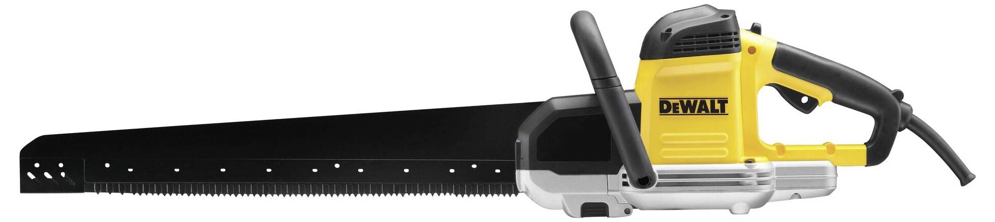 A yellow and black DeWalt reciprocating saw, with a large blade attachment, suitable for cutting wood or metal.