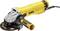 A yellow angle grinder with a side handle, suitable for metalworking, pictured against a neutral background.