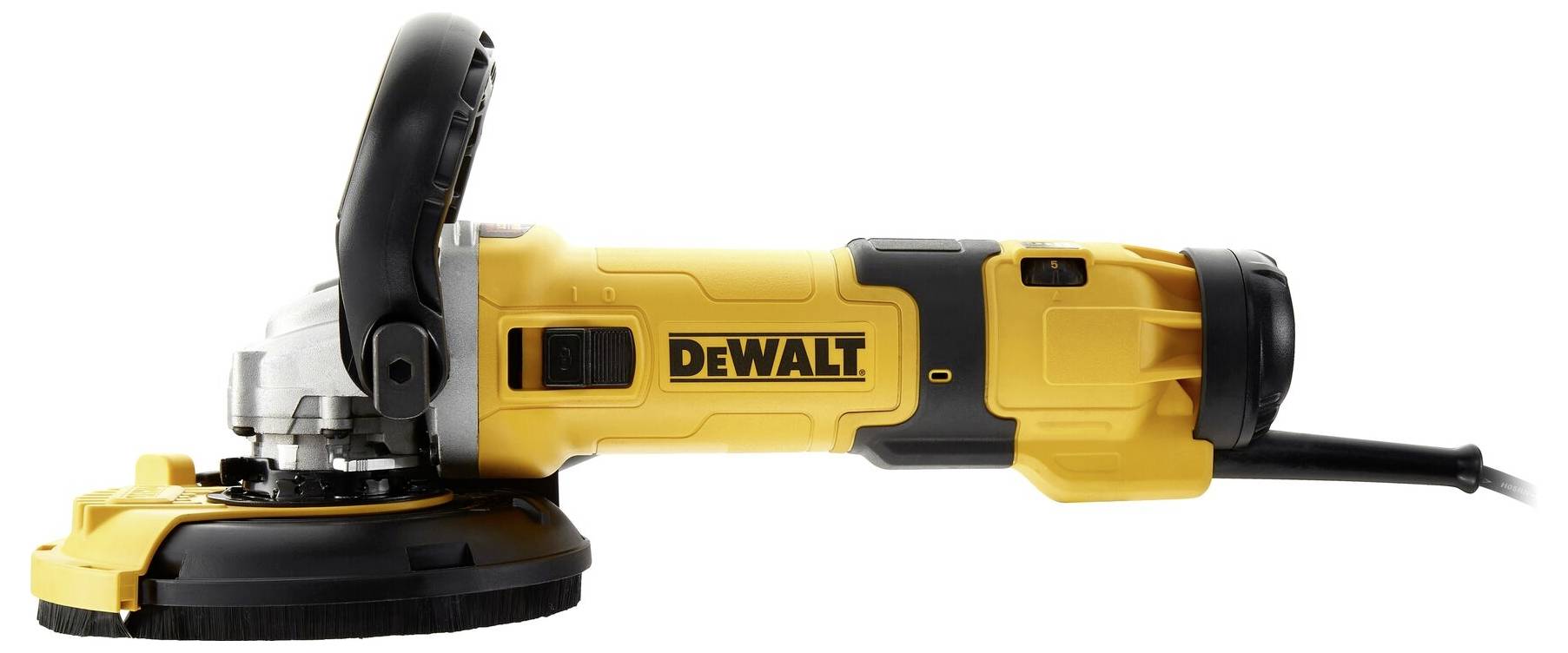 A yellow angle grinder with a black handle and safety guard on a white background. 'DeWalt' marking visible on the device.