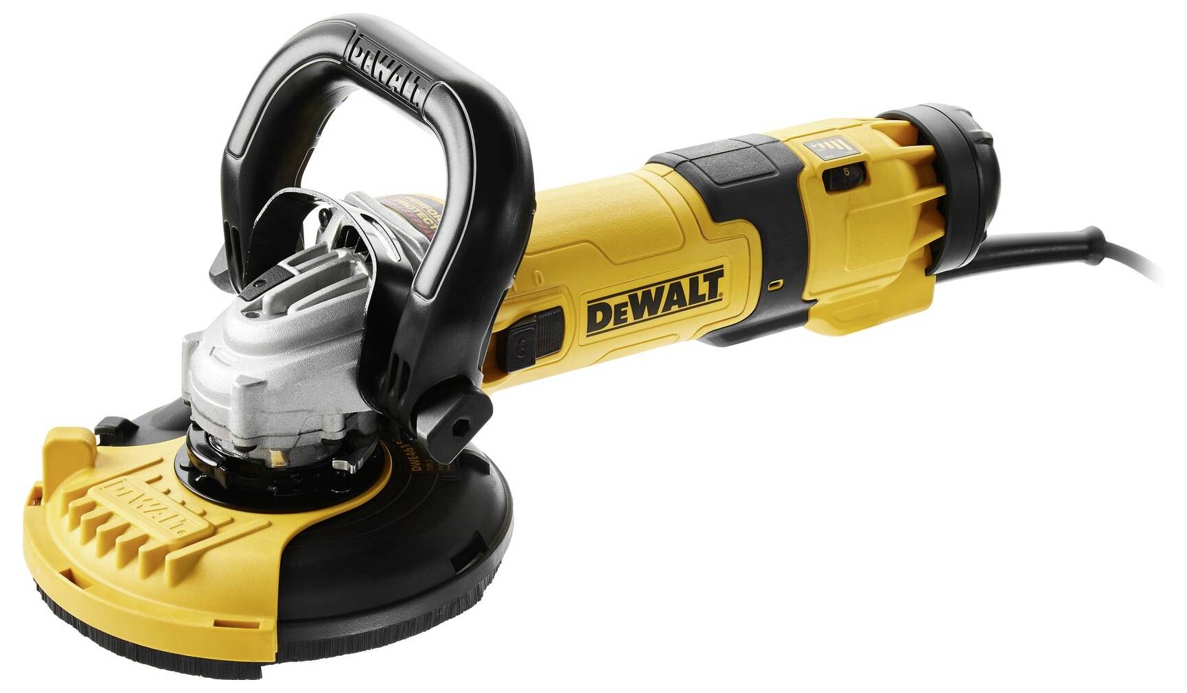 Yellow and black angle grinder with handle, bearing the 'DEWALT' print, and cable. Purpose: Grinding or cutting materials.