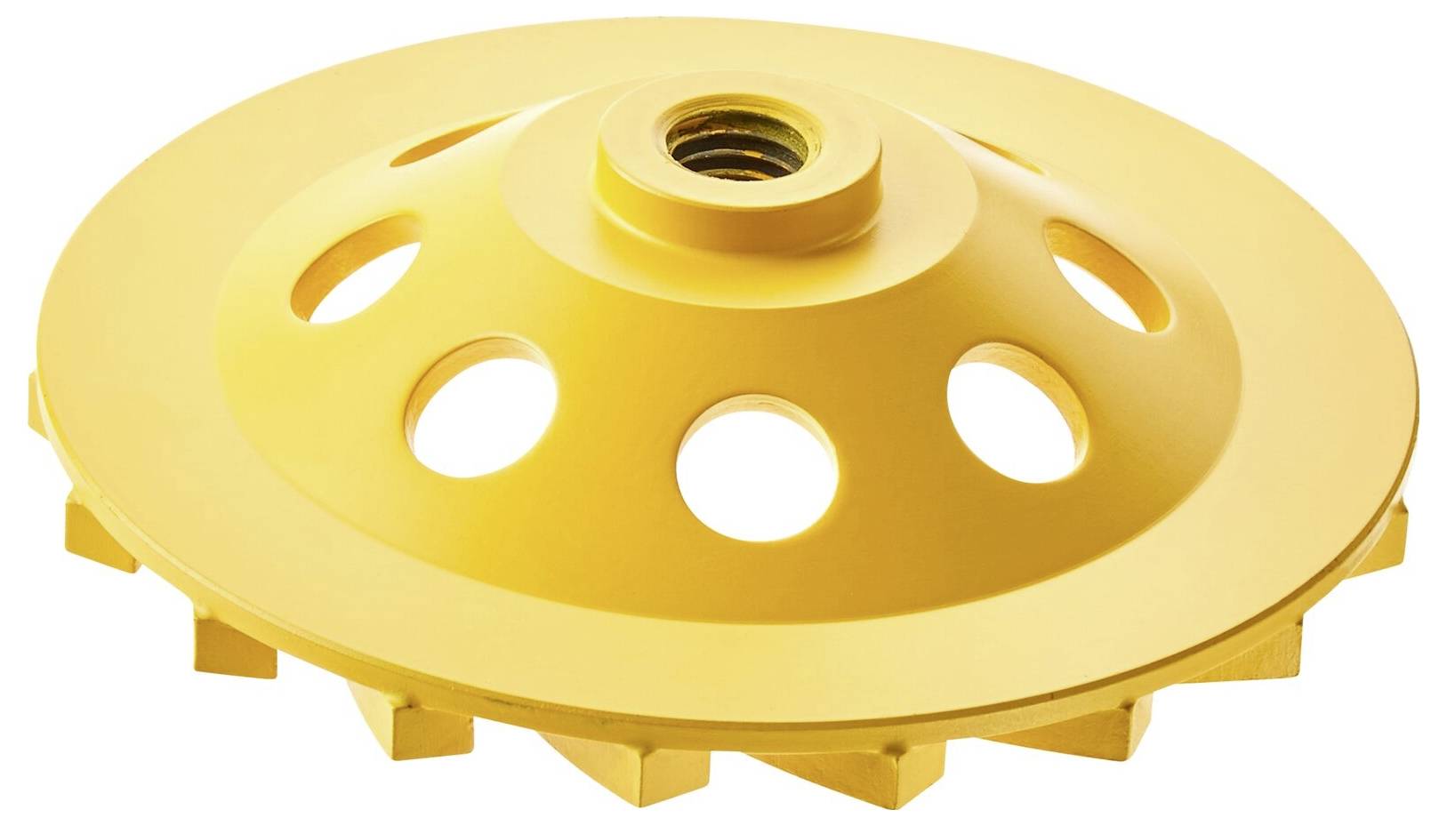 Golden perforated grinding disc with serrated edges, used for surface processing in construction or DIY applications.