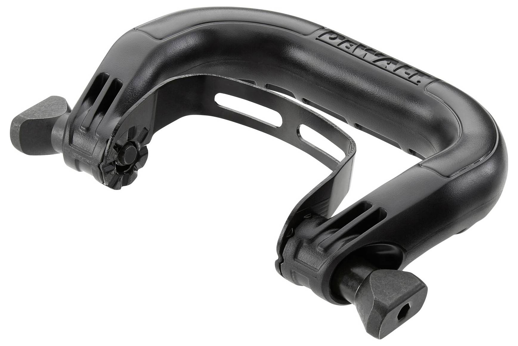 A black, robust D-lock bicycle lock with a keyhole and reinforced shackle, suitable for securing bicycles.