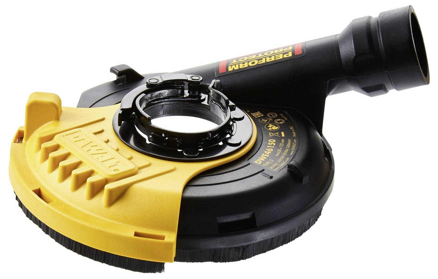 Vacuum cleaner adapter for angle grinder, yellow-black, with connection opening and protective cover for dust extraction during grinding.