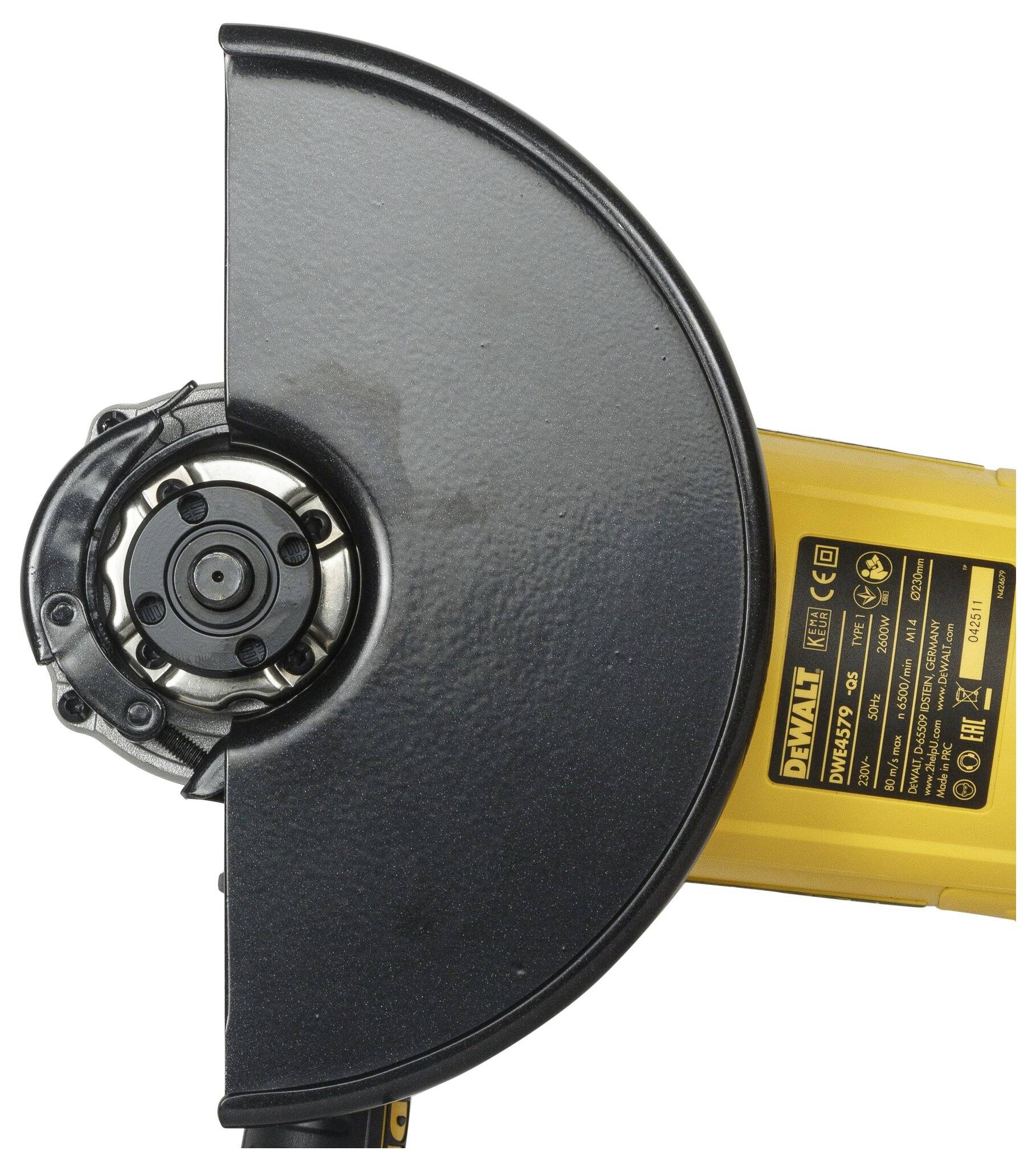 Image of an angle grinder. The yellow protective cover bears the DeWalt logo and technical specifications.