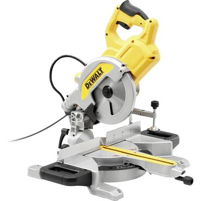 Electric mitre saw with yellow and black design, showing blade and ruler on a workbench. Ideal for precise woodworking.