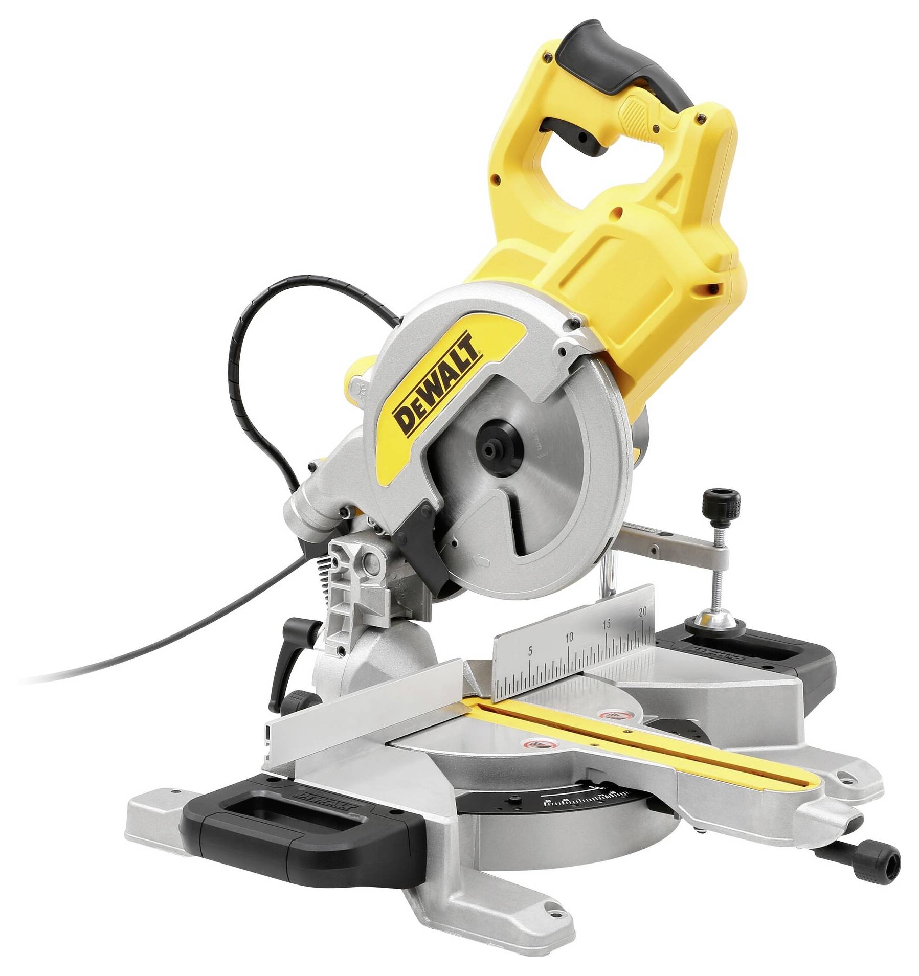 A yellow mitre saw on a metal stand, with the brand name on the side.