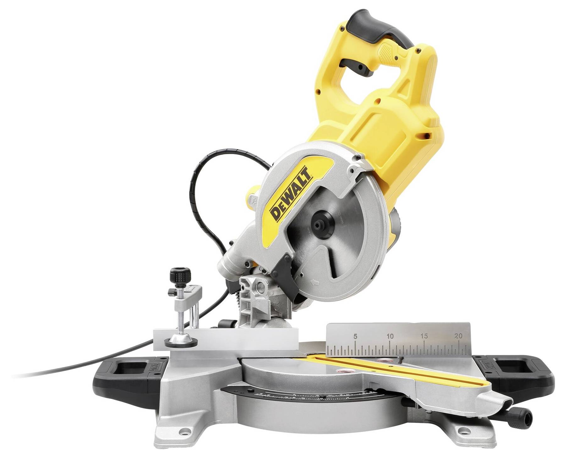Circular saw against a white background. It has a yellow handle and a silver measurement scale on the base.
