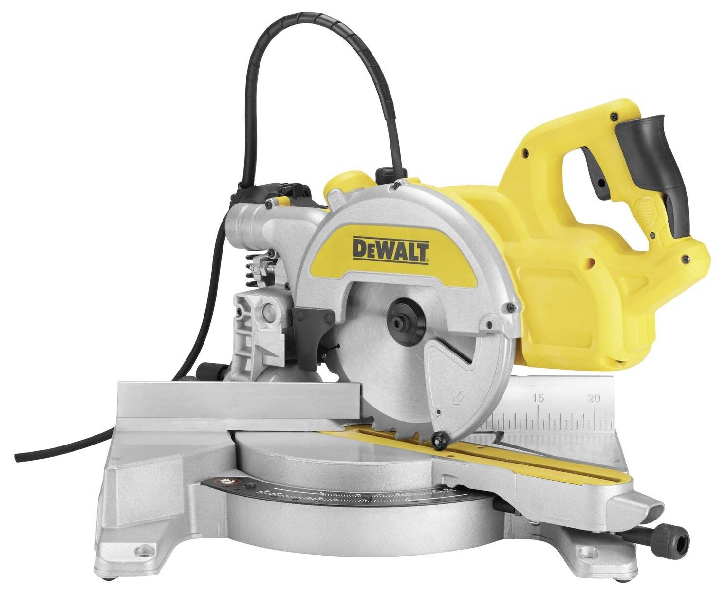 Yellow DeWalt mitre saw with adjustable scale and fixed handle, suitable for precise angle cuts in wood and other materials.