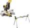 Mitre saw with yellow and black design next to a foldable sawing table. Woodworking tools in a craftsman context.