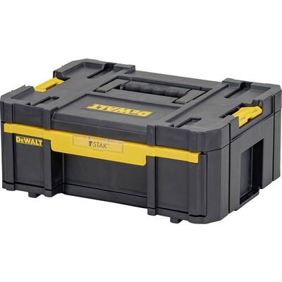 Black tool case with yellow accents and the 'DEWALT T STAK' lettering. The case has a handle on top and latches on the sides.