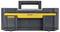 Black toolcase with yellow DeWalt logo, robust construction, handle on top. Ideal for tool storage and transportation.