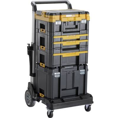 Mobile tool chest with multiple stackable compartments, large wheels, and a handle for easy transportation of tools.