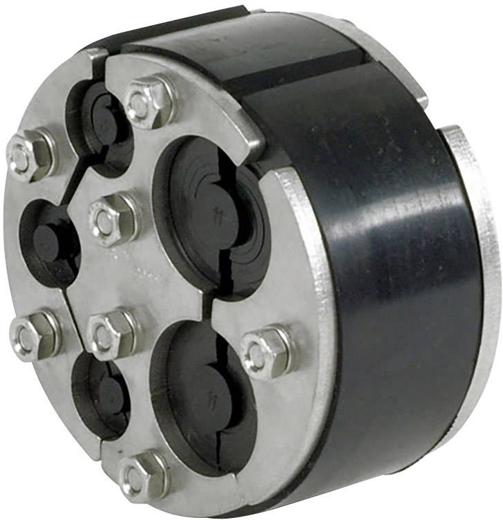 'Black plastic cable grommet with silver metal screws, circular design, six cable entry points.'