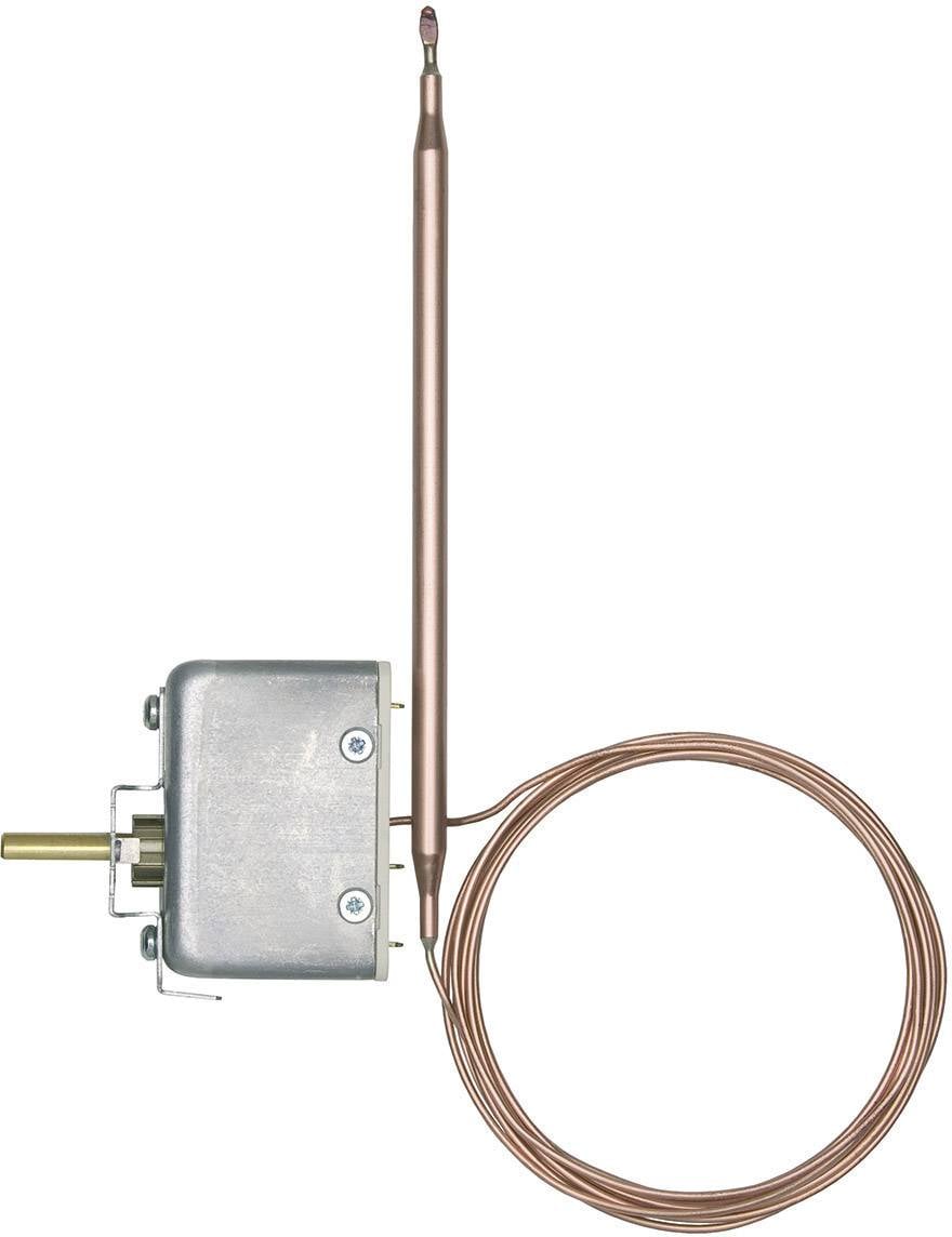 Bimetallic thermostat spring with copper sensor and metal casing, featuring extended copper probe and spiral cable.