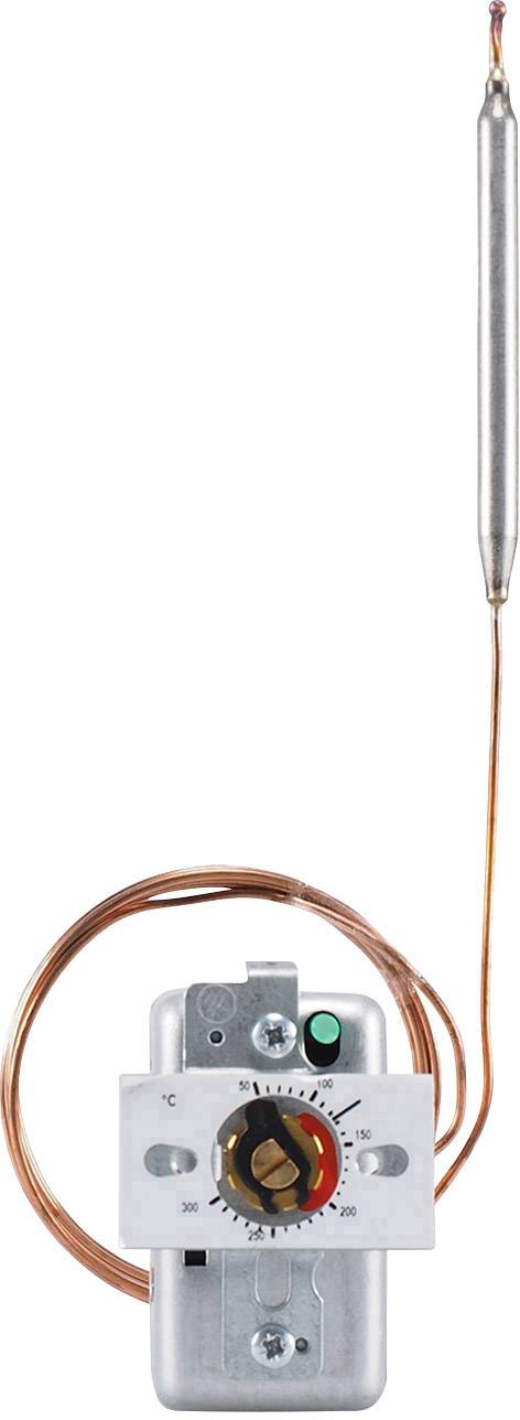 Thermostat with scale and temperature sensor. Rotary knob with markings from 0 to 90 degrees, connected to a thin metal pipe.