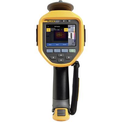 A thermal imaging camera with a yellow casing displays a thermal image on the screen with various temperature ranges and control elements.