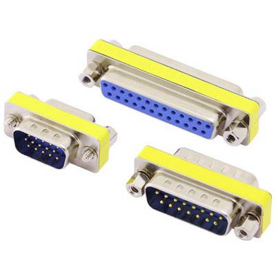 Three serial D-Sub connectors: One with 25 pins and two with 9 pins, all with a yellow colour accent and blue socket housings.