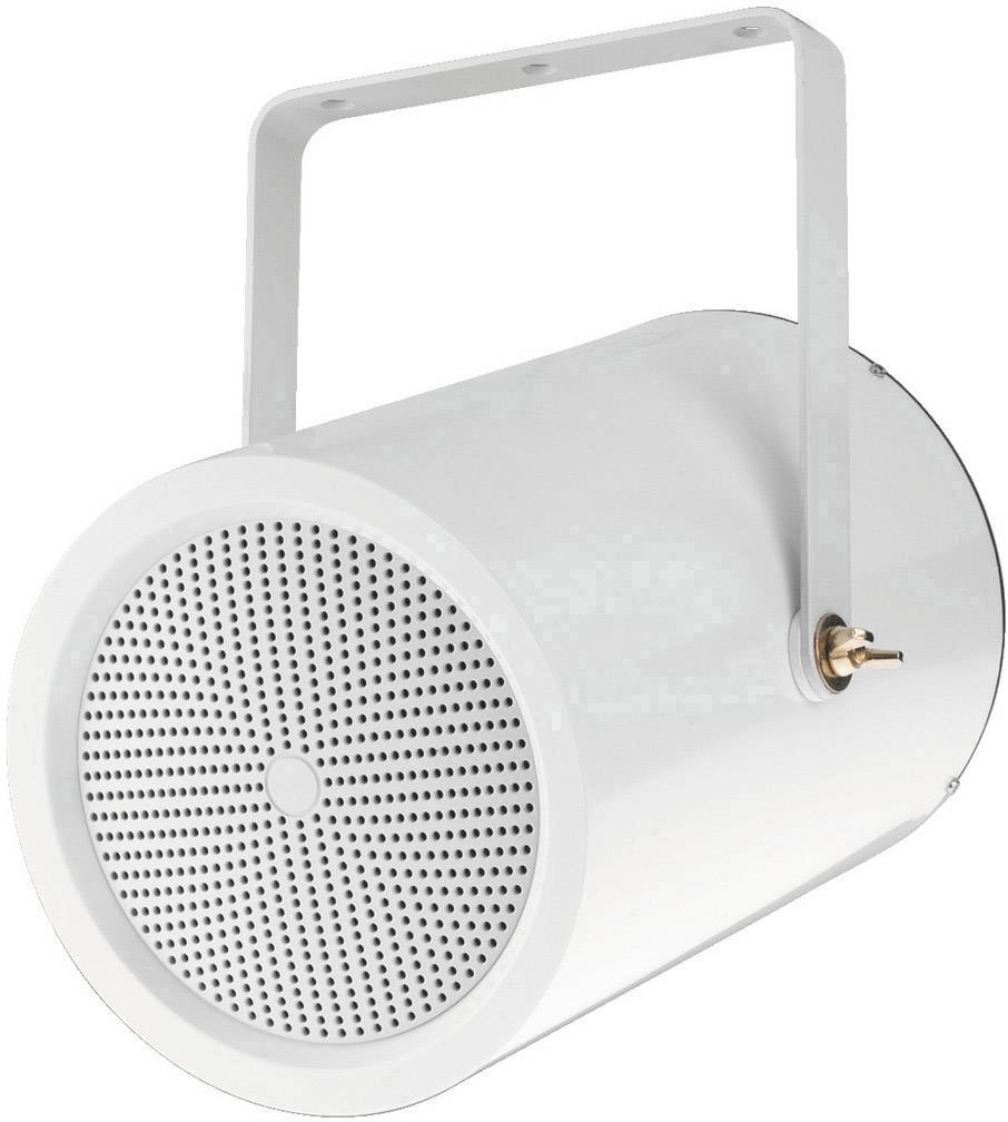 White cylindrical speaker with rounded corners and a carry handle. Front features a perforated grille.