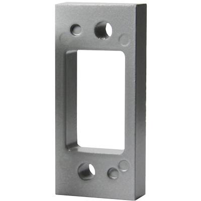 Rectangular grey metal plate with three drill holes and a central rectangular cut-out.