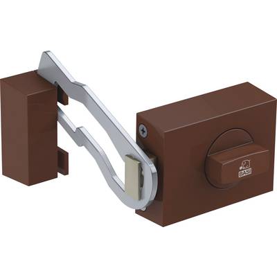 A brown deadbolt lock with a silver latch is shown fully extended. The lock features the brand logo on the circular turn handle.