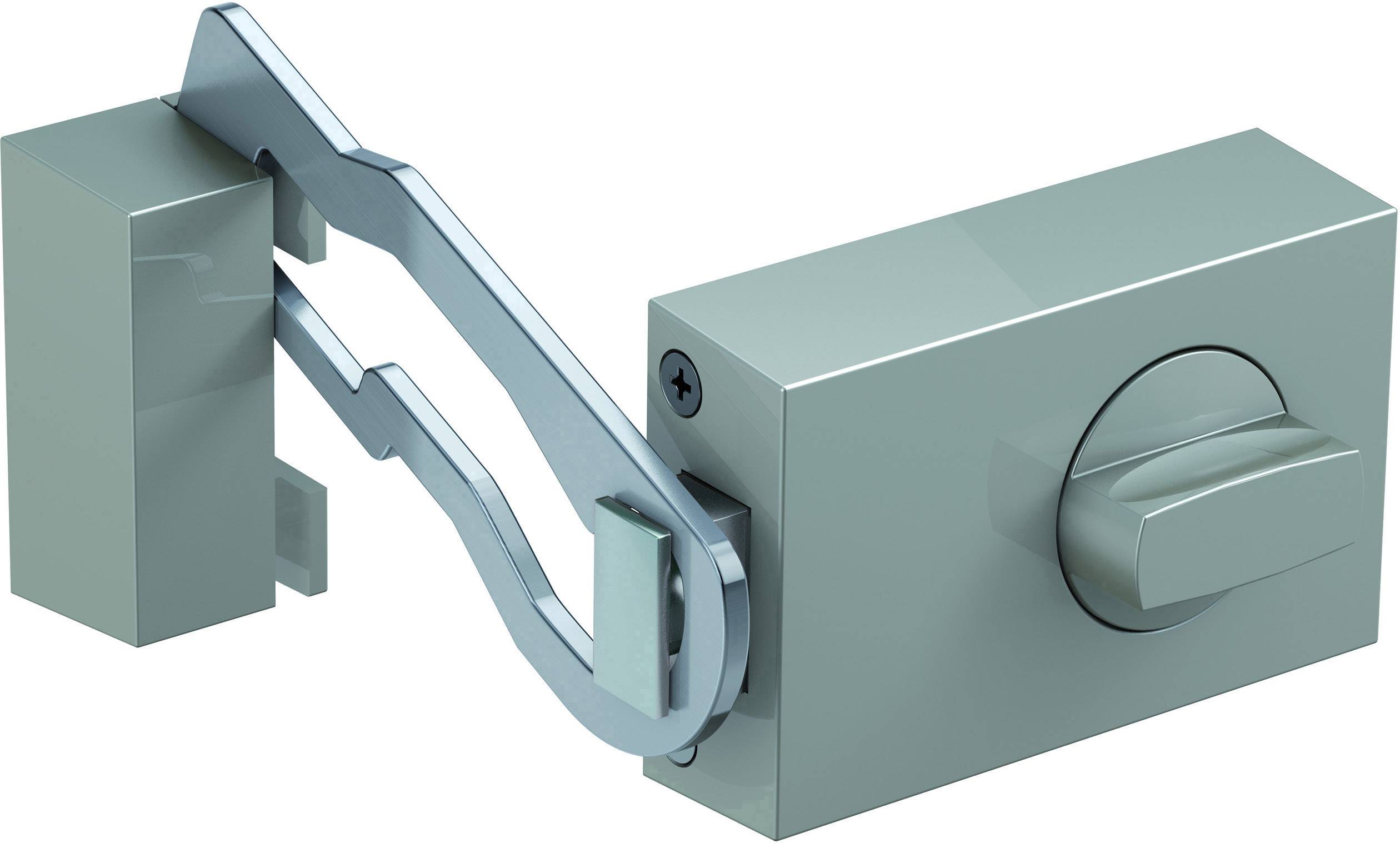 Metal door security chain in an open position, showing the lock housing and anchor chain, ready for use.