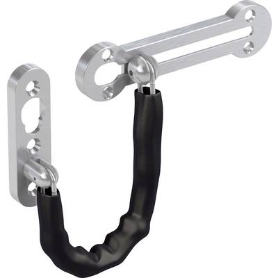 Metal door security chain with black plastic cover, mounted on a door-like surface, for additional security.