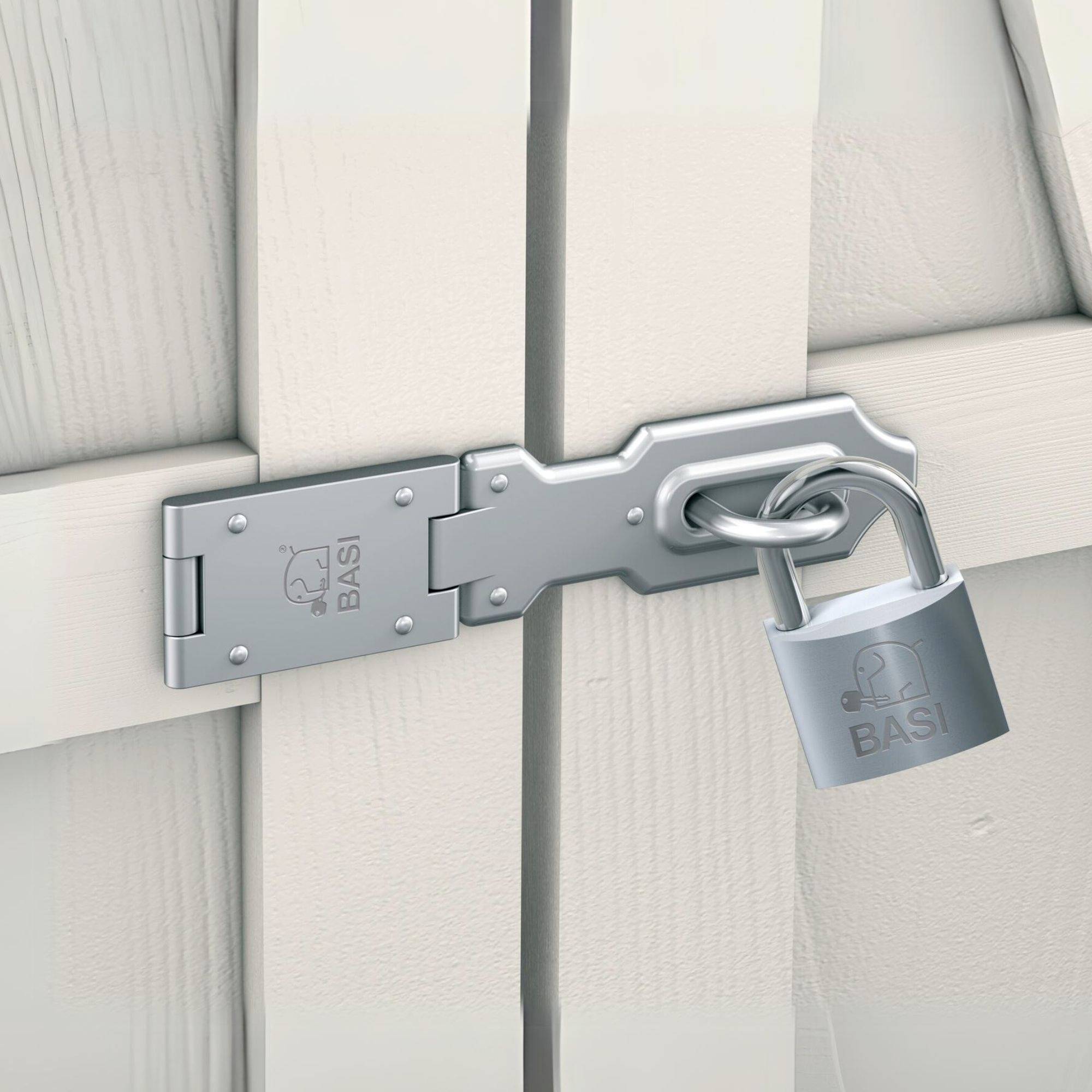 A silver padlock secures a white wooden fence. The lock bears the 'BASI' brand logo. The background is a solid colour.