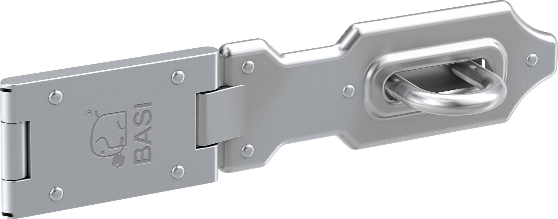 A metal hinge with a bolt, suitable for security applications, displays the embossing of an elephant silhouette and the word 'BASI'.