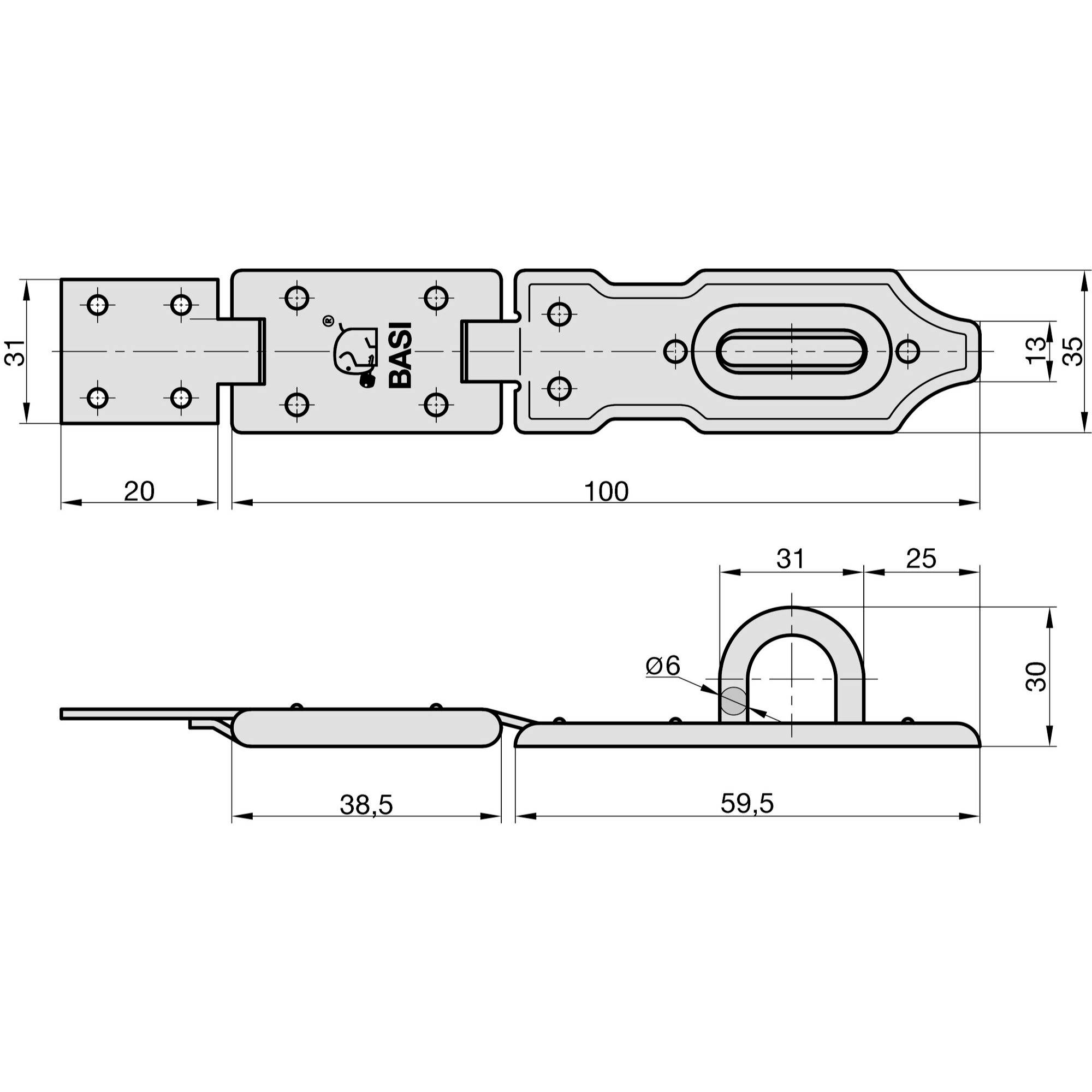 Technical drawing of a hinge hook with dimensions. Length: 100 mm, Width: 31 mm. Side view shows 38.5 mm width.