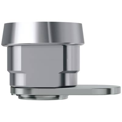 Metal fastener with a flat, round lever that protrudes to the side. The fastener has a shiny, silvery finish.