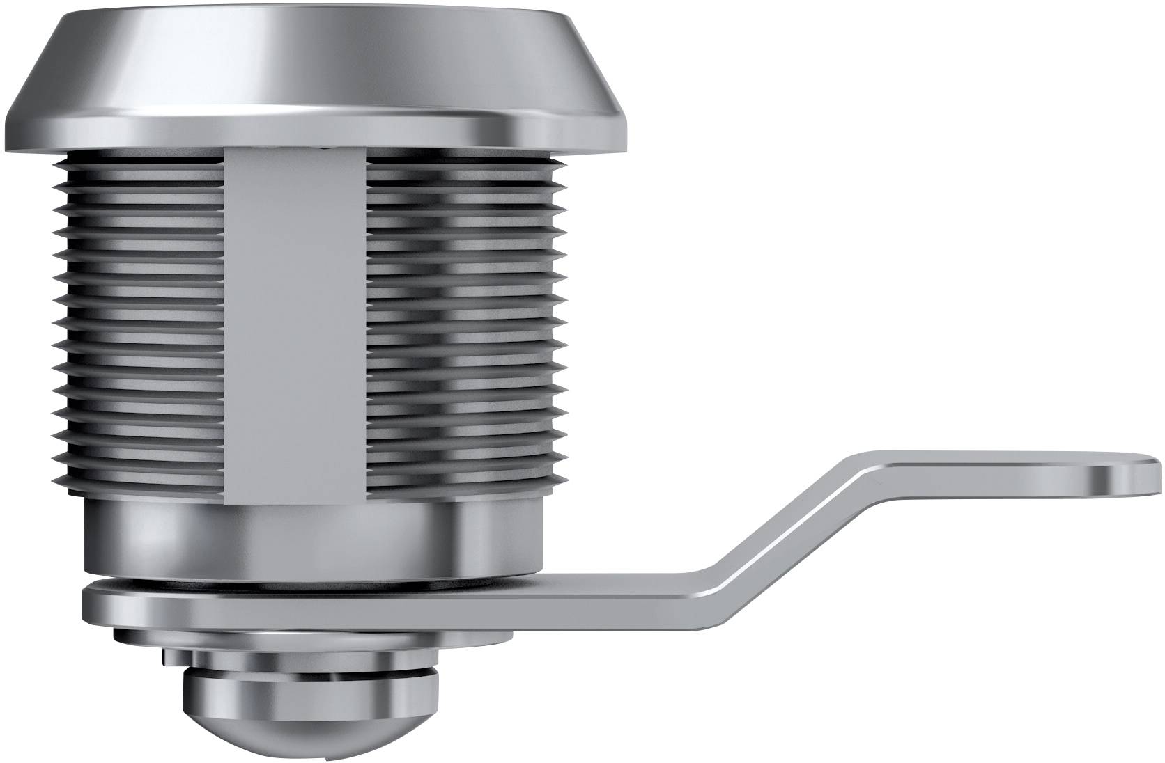 A silver metal fastening element with a threaded, ridged surface and a side lever, used in mechanical or electronic applications.