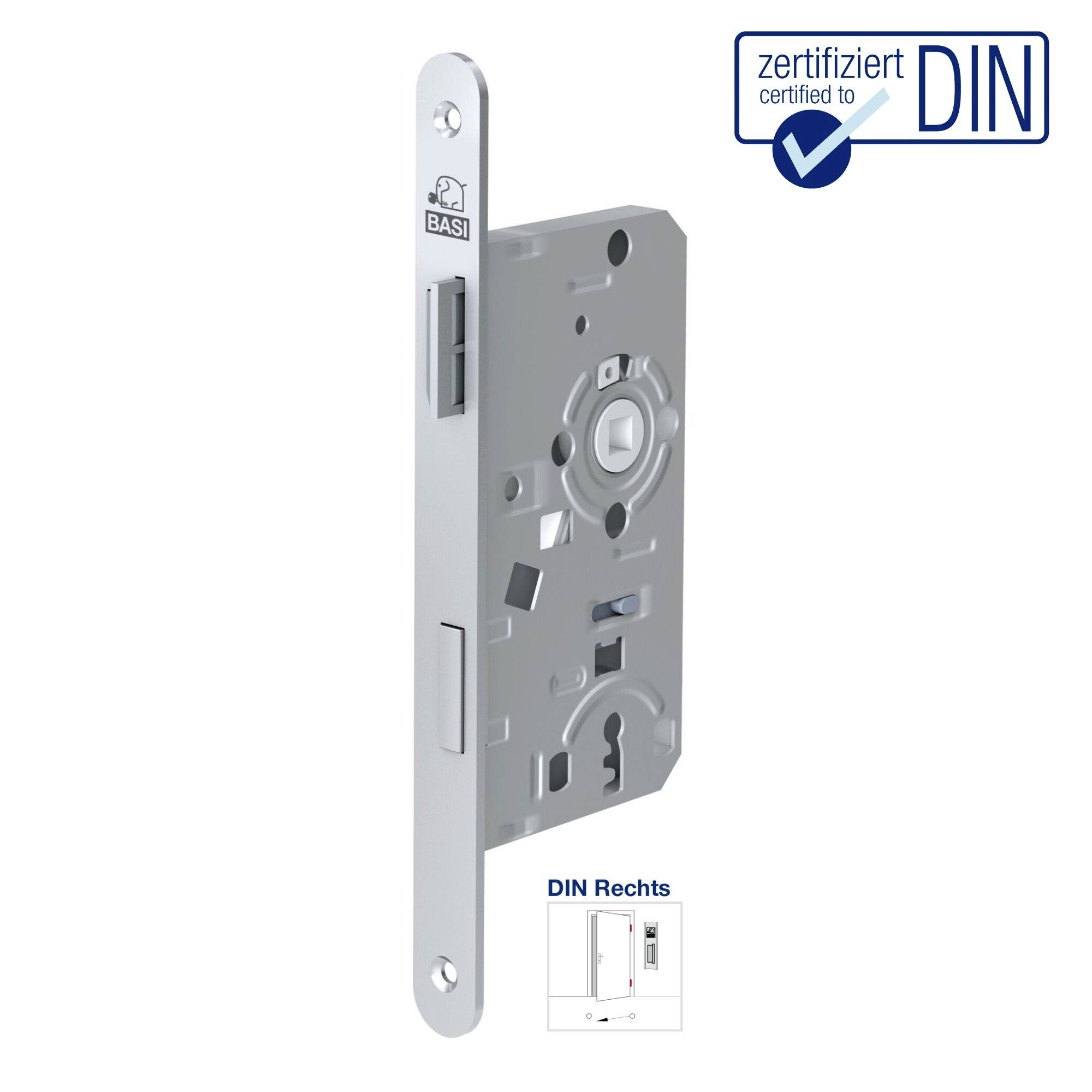 Lock box with DIN-certified seal, silver-coloured. Small illustration shows opening direction 'DIN Right'.