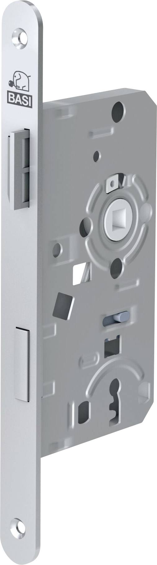 'A silver door lock mechanism with keyhole and latch openings, featuring the brand name 'BASI' on the edge plate.'