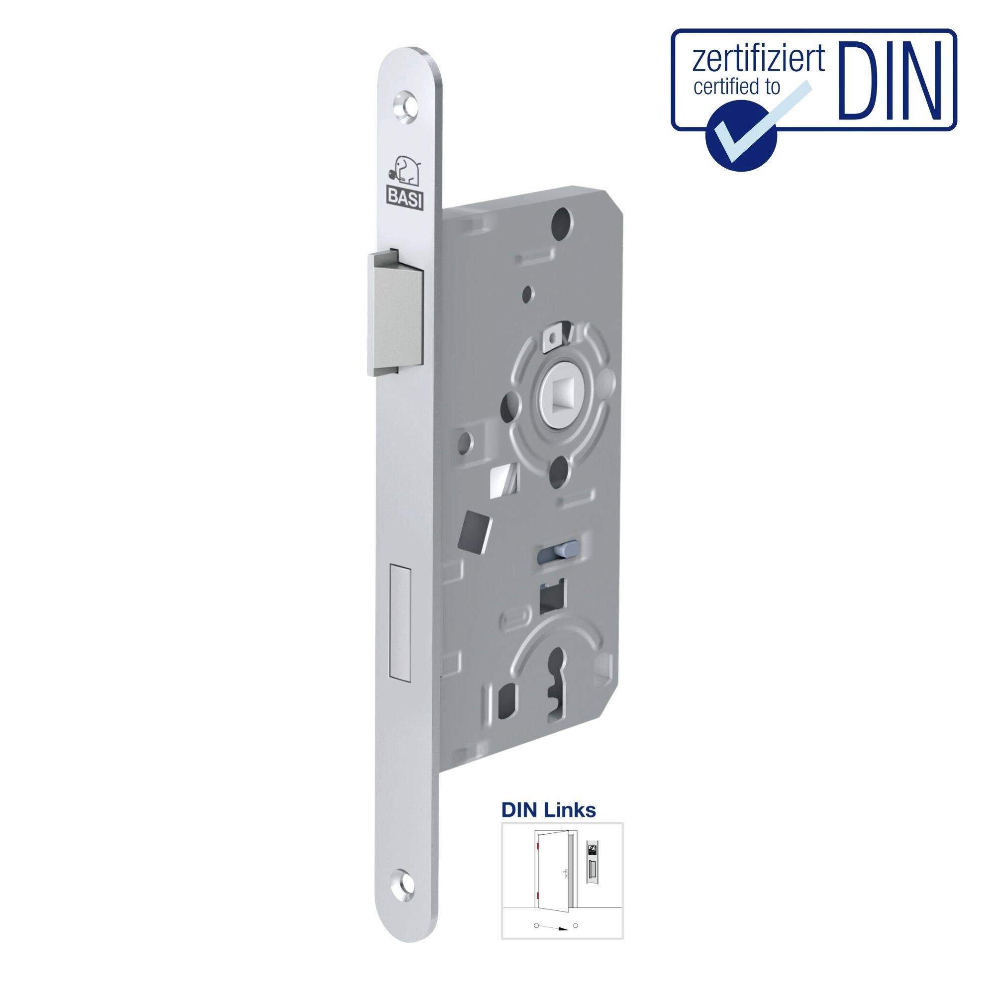 Letterbox with DIN certification. Square shape, silver metallic colour. Symbol for direction of rotation shown bottom left.