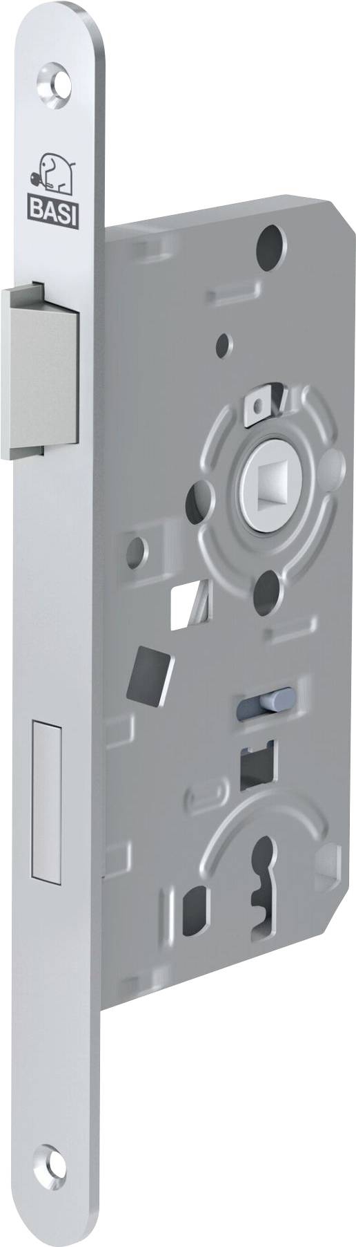 Silver BASI mortise lock case with latch and keyhole, side view, showing mechanical components and latch mechanism.