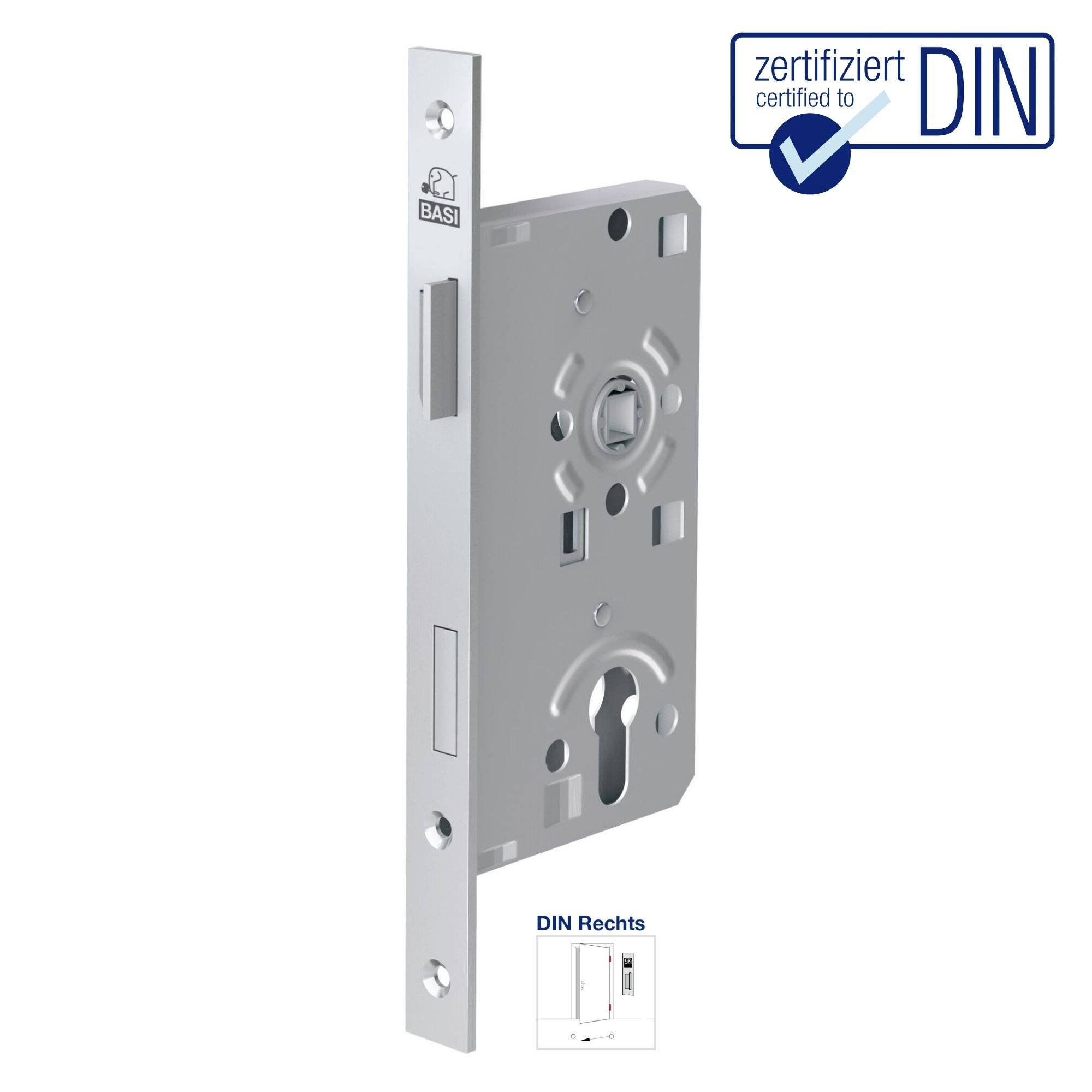 Door lock with cylindrical keyhole, right-handed. The lock is DIN-certified with a logo on it.
