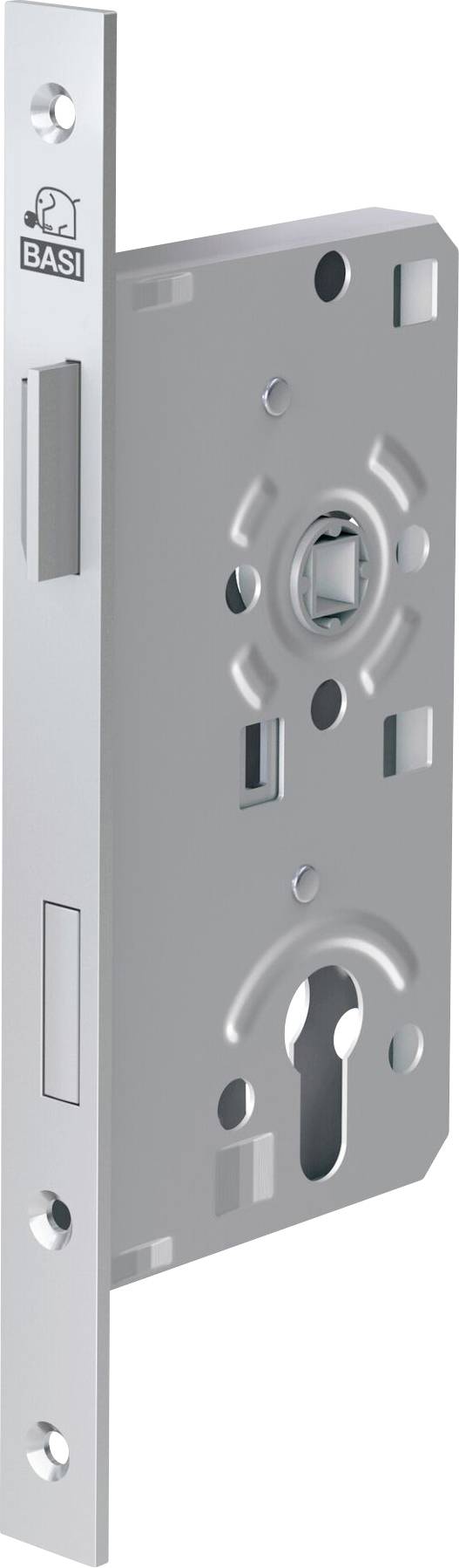 'A BASI mortise lock in silver, showcasing its mechanism and keyhole, designed for secure door installation.'