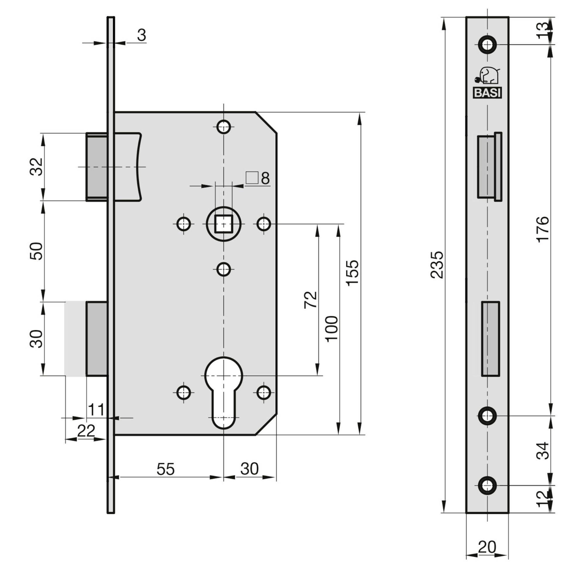 'Technical drawing of a lock mechanism with dimensions marked: 50x155mm plate, 8mm fitting holes, and 20x235mm side view with keynoted details.'