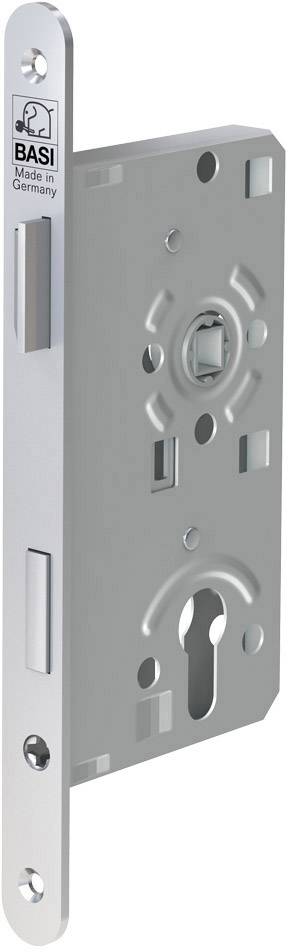 A silver-coloured door lock with the inscription 'BASI Made in Germany'. The lock has a standard rectangular shape with several drill holes.