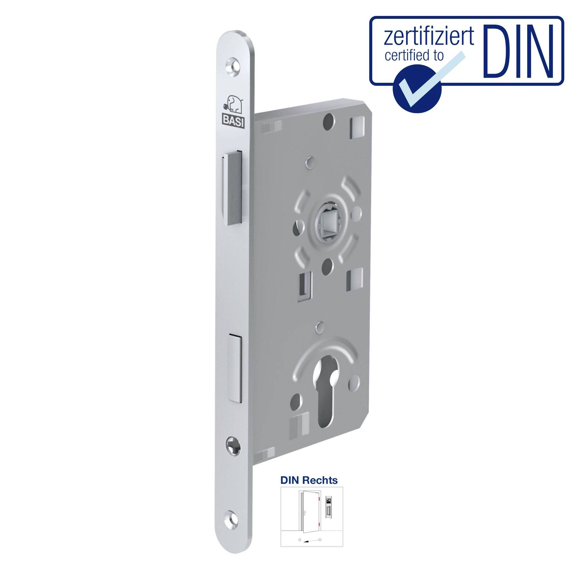 A silver-coloured mortice lock by BASI, certified to DIN standard, suitable for both left and right-hand doors, with a printed certification logo in the top right corner.