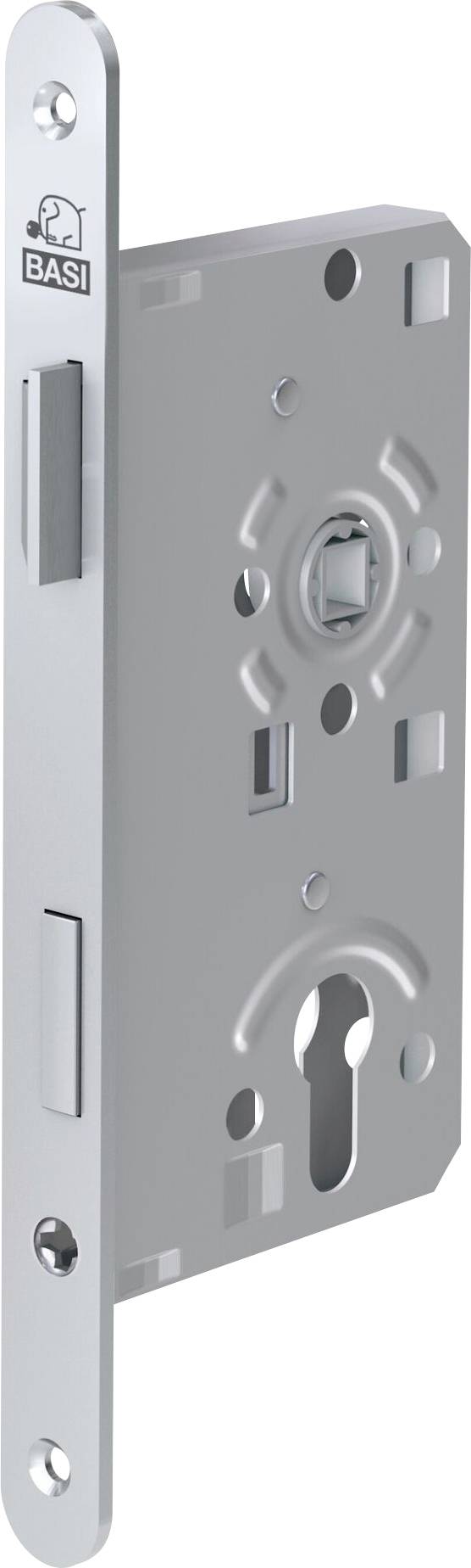 A silver mortise lock with visible latch and bolt mechanisms, branded with a 'BASI' logo, viewed from the side.