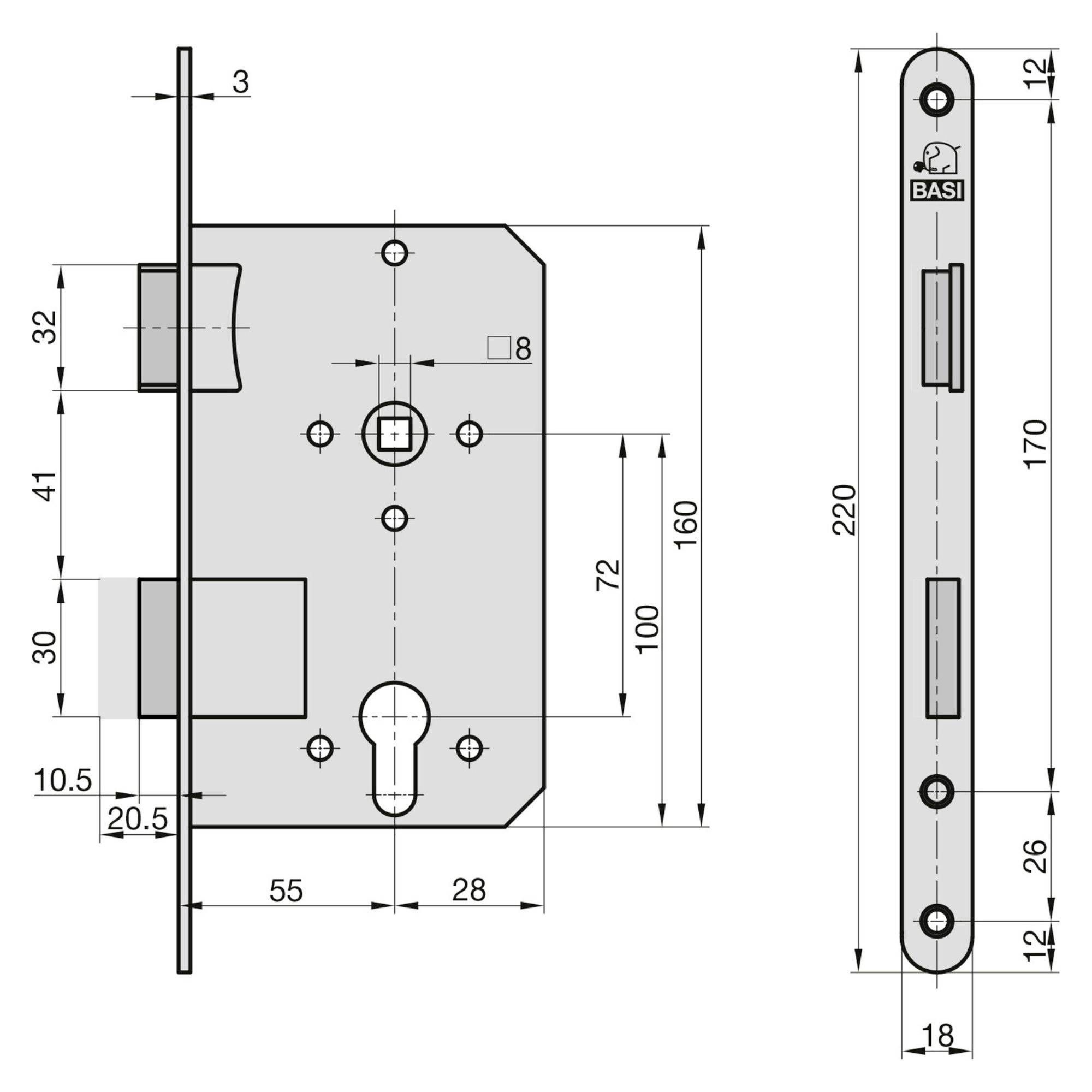Diagram of a door lock mechanism with detailed measurements, showing the positions of screws, lock body dimensions, and keyhole placement.