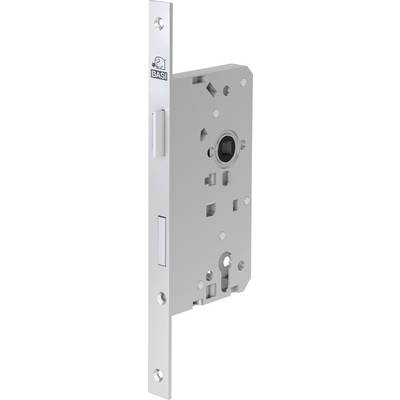 A lock mechanism with a rectangular metal faceplate featuring multiple cutouts and a central circular hole, branded 'BASI' at the top.