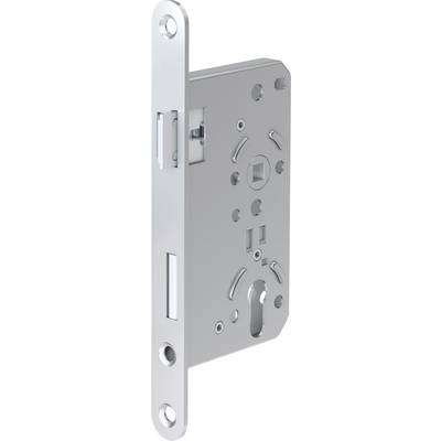 A metal door lock mechanism with cylindrical holes and key slot, designed for installation into a door for security purposes.