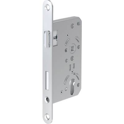 A metal mortise lock mechanism with multiple holes for screws and a latch opening, designed for secure door installation.