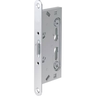 A metal mortise lock case with mounting holes, designed for door installation.