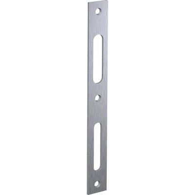 A narrow, rectangular metal piece with several holes and oval cutouts along its length, potentially for fastening purposes.